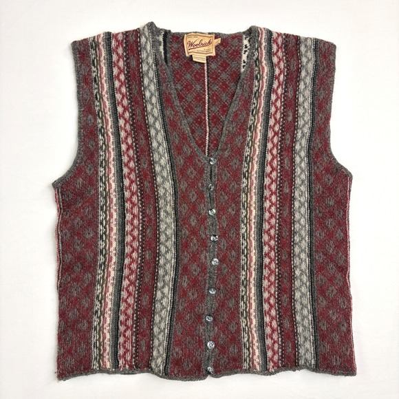 Woolrich Mens Vintage 100% Wool Fair Isle Button Front Sweater Vest Red Grey L